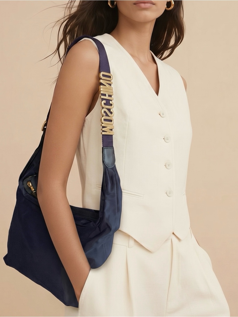 Vintage Moschino Nylon Shoulder Bag with Gold Logo Strap in Navy